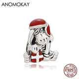 Xmas Enamel Sled Dog 925 Silver Charm for DIY Bead Jewelry