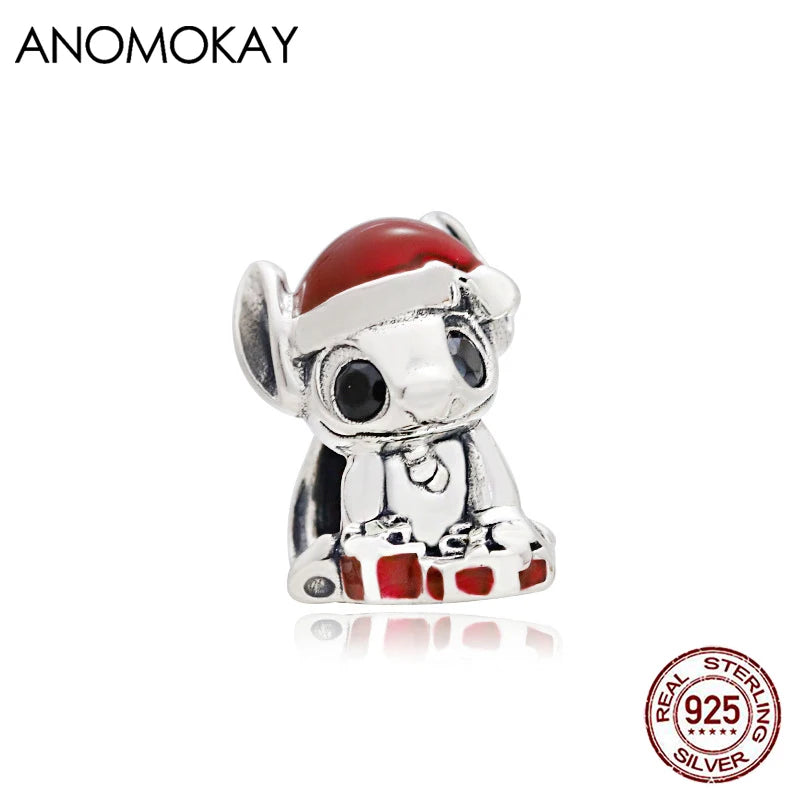 Christmas Red Enamel Stitch Dog 925 Silver Charm DIY Xmas Bead Jewelry