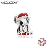 Christmas Red Enamel Stitch Dog 925 Silver Charm DIY Xmas Bead Jewelry