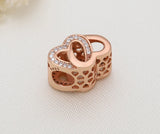 Double Heart Rose Charm Crystal Love 925 Silver Bead DIY Jewelry