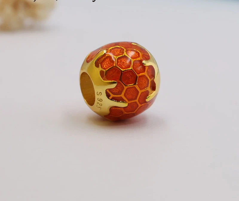 Enamel Honey Round Charm for Bracelet Bangle Golden Beehive 925 Silver Beads