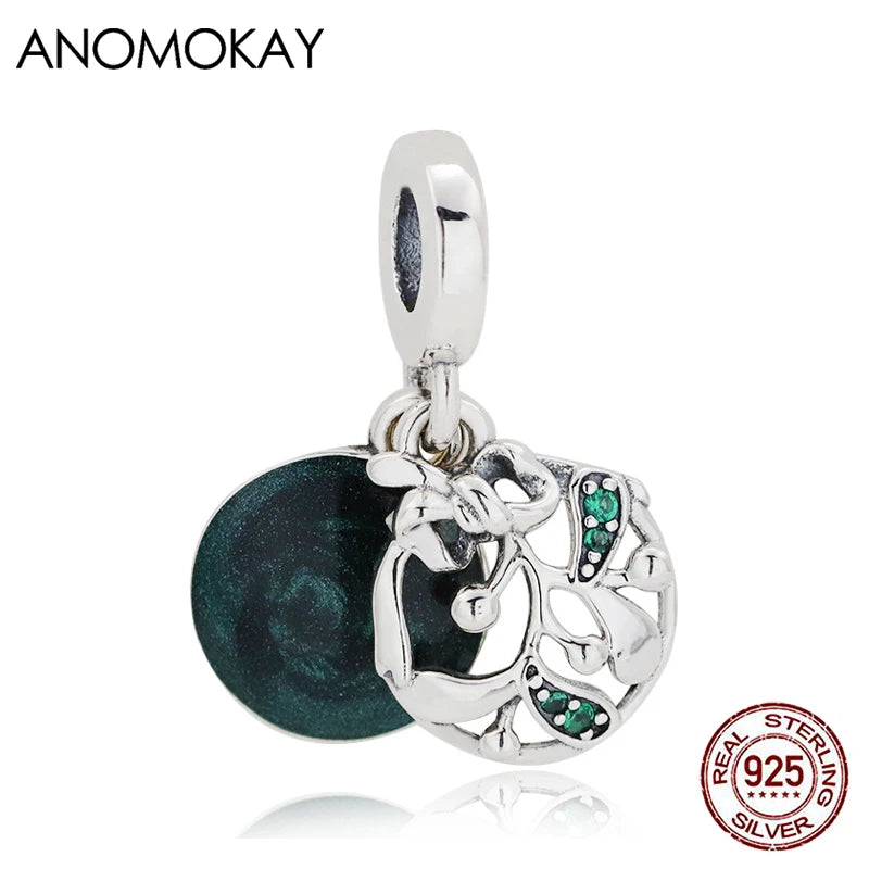 Anomokay Green Enamel Mistletoe Round Silver Pendant Beads