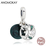 Anomokay Green Enamel Mistletoe Round Silver Pendant Beads