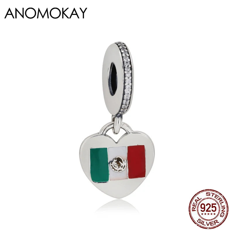 Silver Heart Mexico Flag Charm Pendant with Crystal Accents