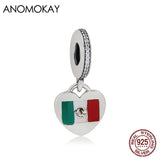 Silver Heart Mexico Flag Charm Pendant with Crystal Accents