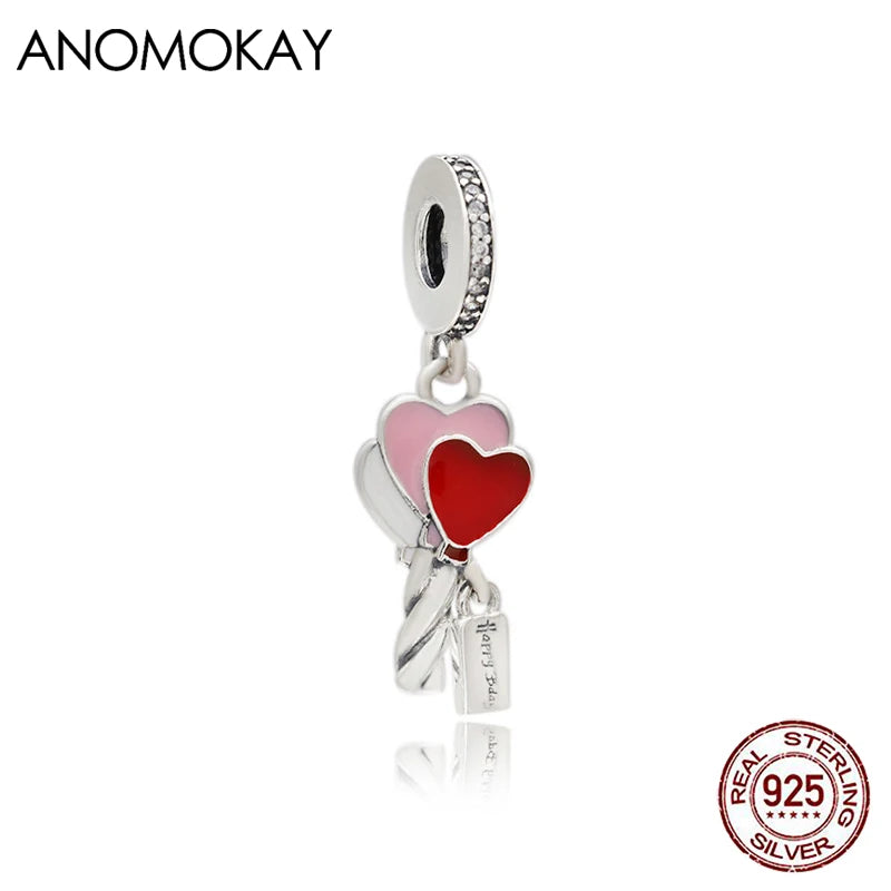 Pink & Red Heart Key Pendant Charms 925 Silver Ballon Bead for DIY Jewelry