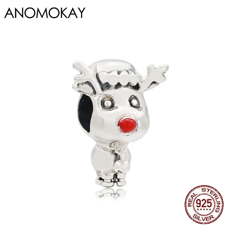 Red Enamel Nose Reindeer Silver Charm Bead Xmas Gift Kids