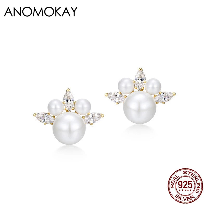 Crystal Pearl Earrings Real 925 Silver Crown Model