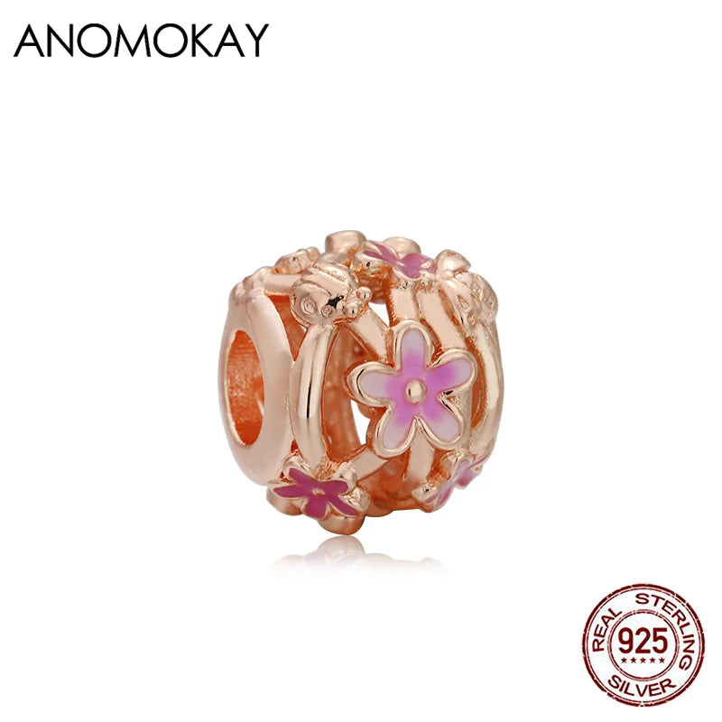 925 Silver Plant Charms Classic Rose Daisy Flower Round Beads