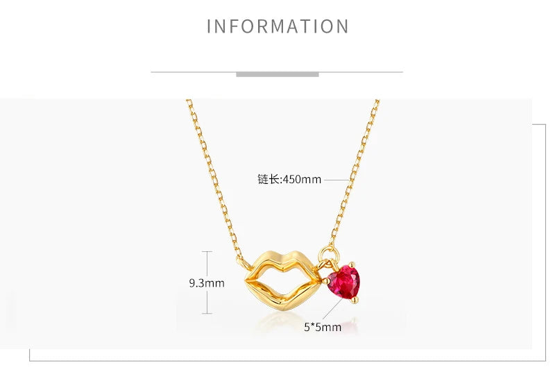 Anomokay Sexy Lips with Heart Ruby Corundum Necklace 925 Sterling Silver