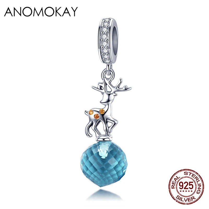 S925 Silver Christmas Elk Pendant Crystal Charm Bracelet Necklace Jewelry