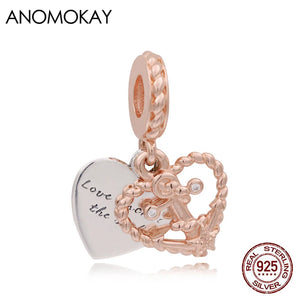 925 Silver Double Heart Rose Pendant Charm Bracelet Necklace Love Beads Jewelry