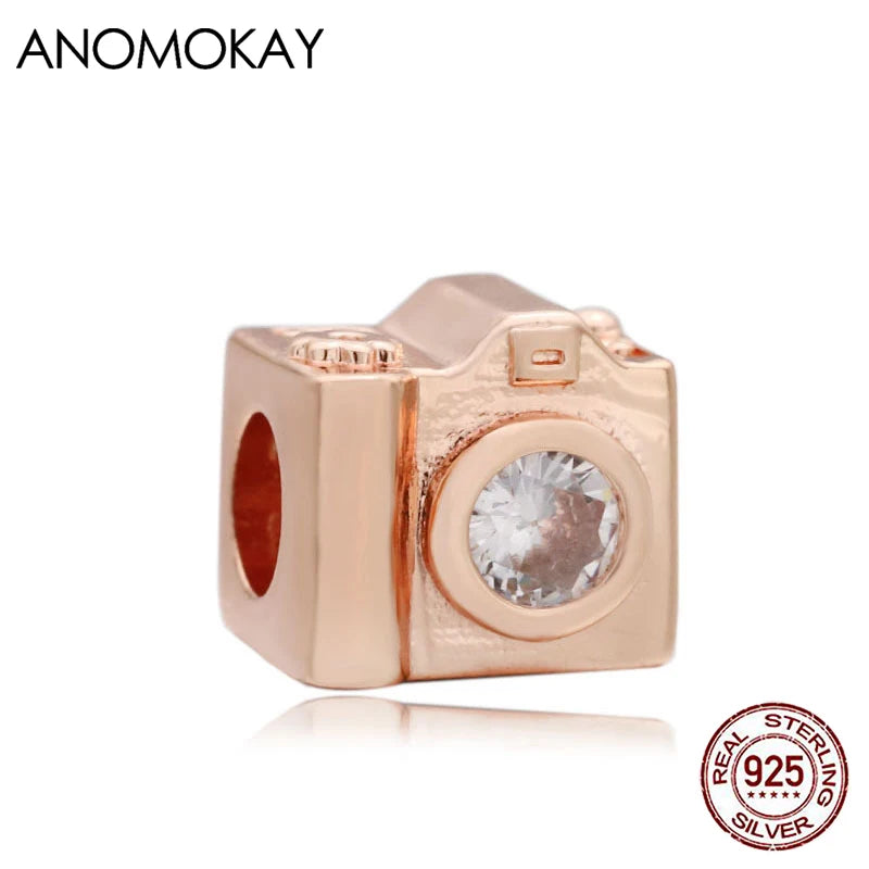 925 Sterling Silver Camera Charm for Bracelet, Rose Plated Bead for Diy Jewelry