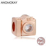925 Sterling Silver Camera Charm for Bracelet, Rose Plated Bead for Diy Jewelry