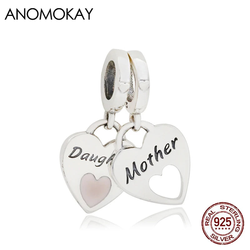 925 Silver Mother & Daughter Heart Charm Pendant - Two Love Piece Silver Beads
