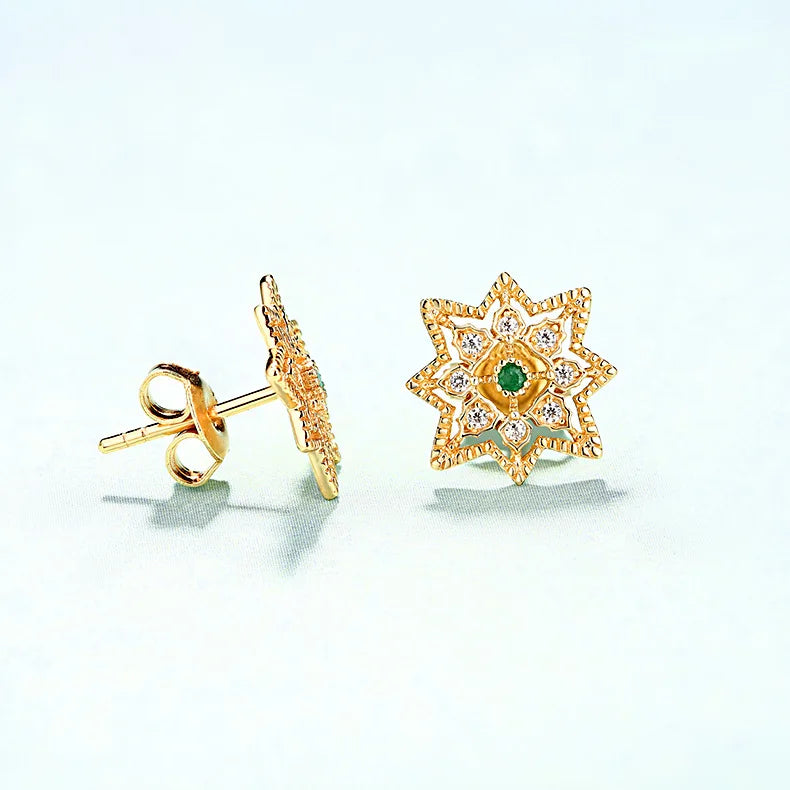 Vintage Palace Openwork Flower Earrings Green Zircon 925 Silver for Party