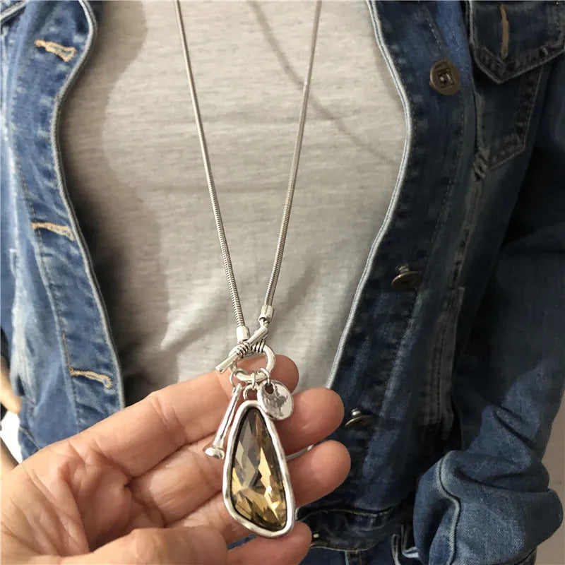 Anslow Winter Sweater Chain Length Necklace with Irregular Crystal Pendant