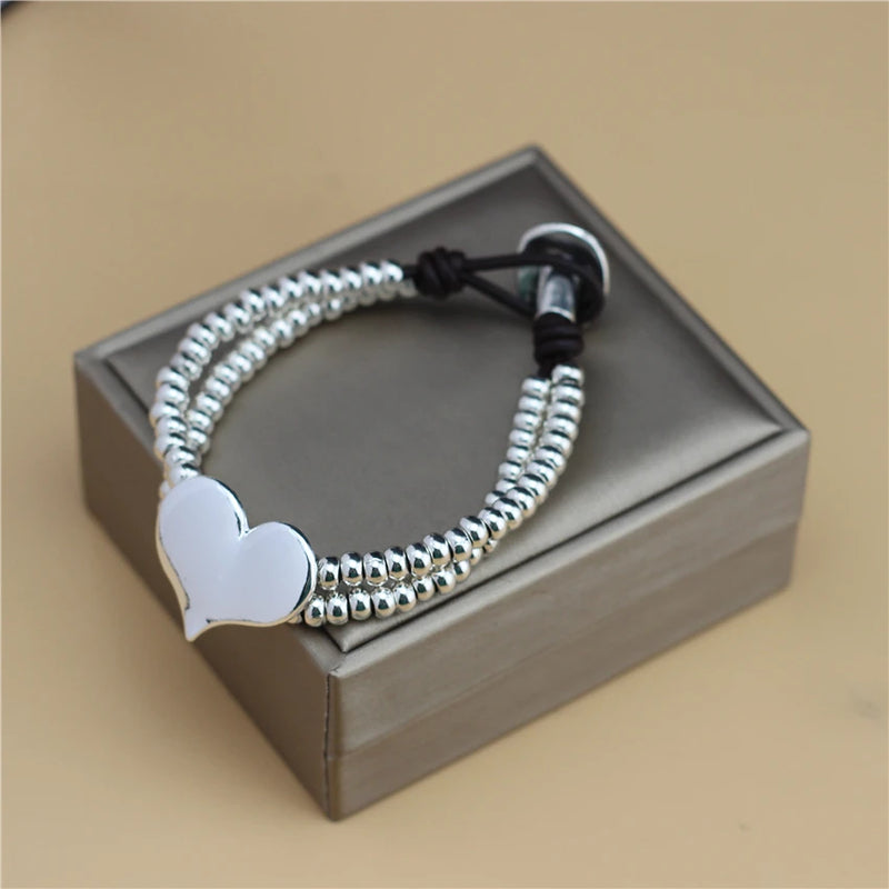 Anslow Wedding Leather Beads Bracelet Heart Charms Love