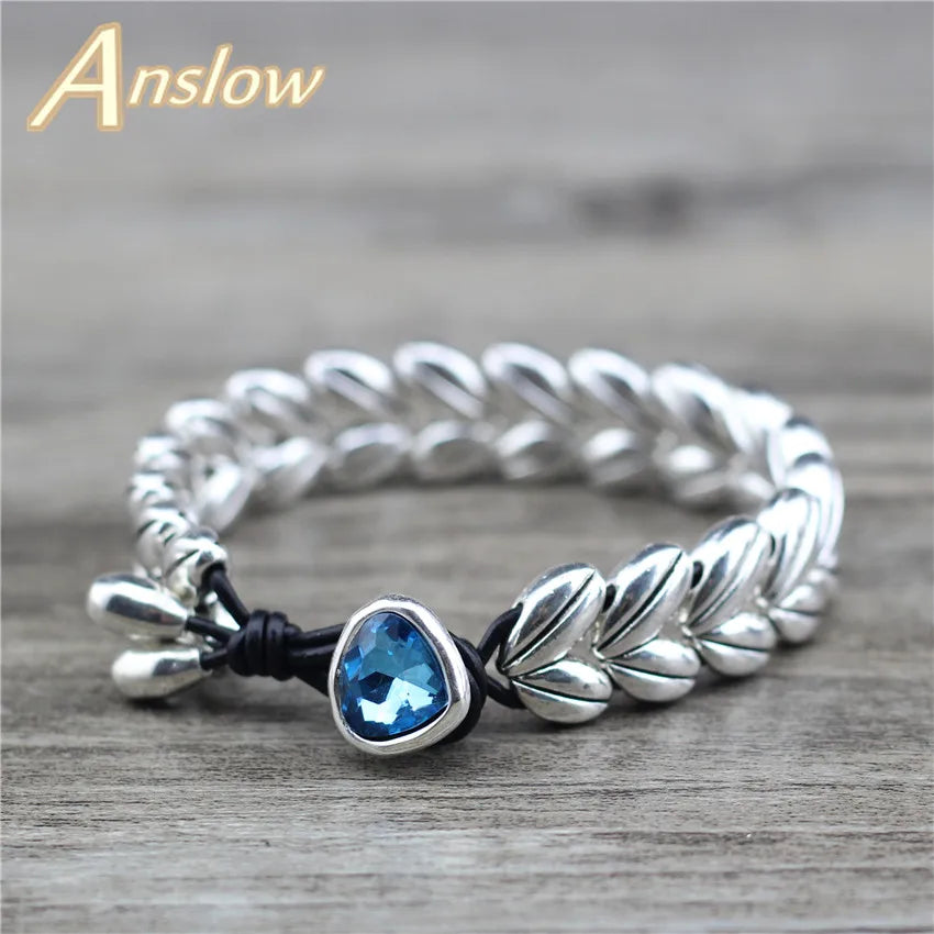 Anslow Heart Leather Bracelet Crystal Rhinestone Women Gift