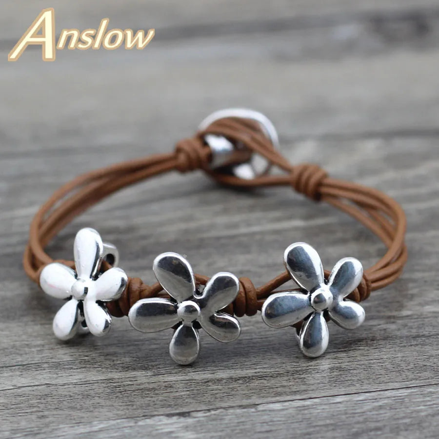 Anslow Vintage Flowers Leather Bracelet For Women