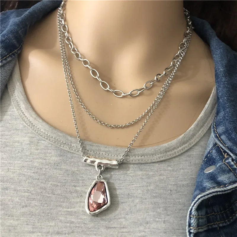 Anslow Antique Silver Crystal Pendant Choker Necklace