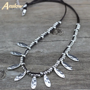 Anslow Jewelry Antique Silver Leaves Beads Chokers Necklace