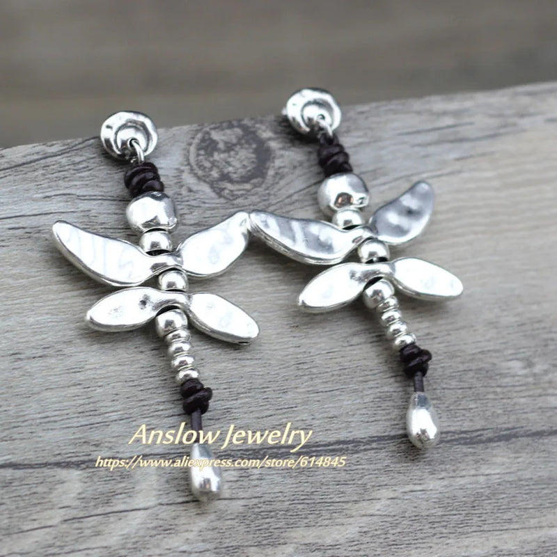 Dragonfly Antique Silver Plated Leather Earrings for Women Mother's Gift