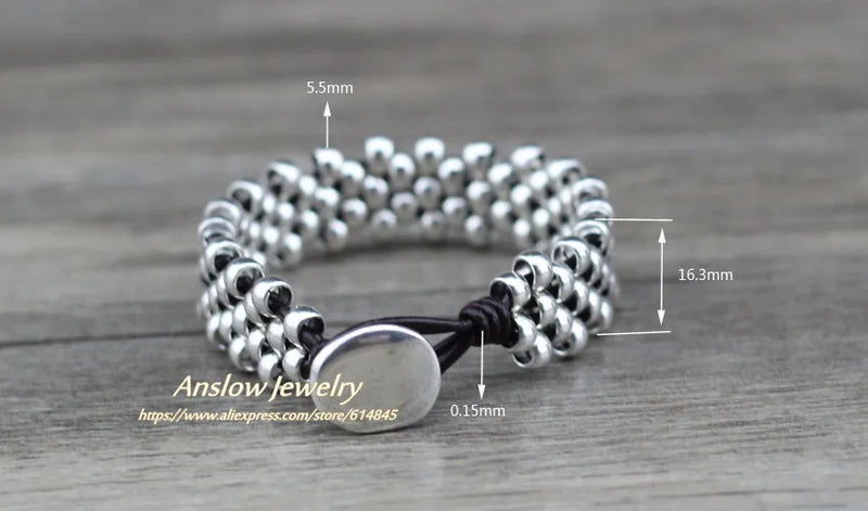 Anslow Strand Silver-plated Beads Leather Bracelet Bangle