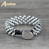 Anslow Strand Silver-plated Beads Leather Bracelet Bangle