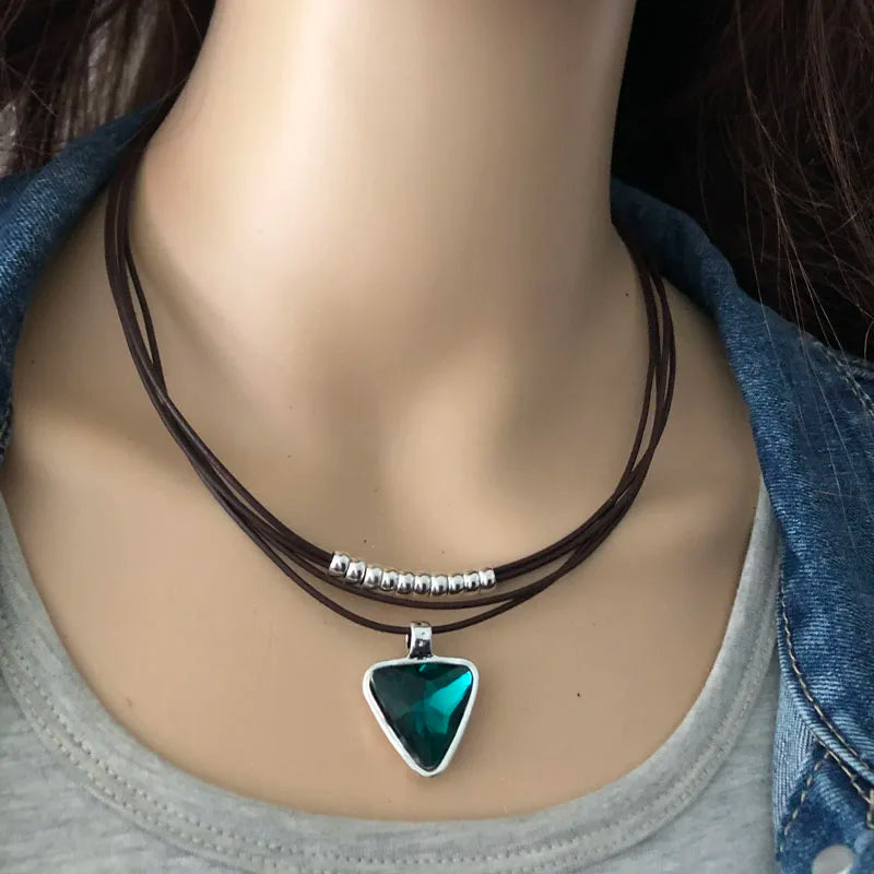 Anslow Leather Crystal Pendant Choker Necklace
