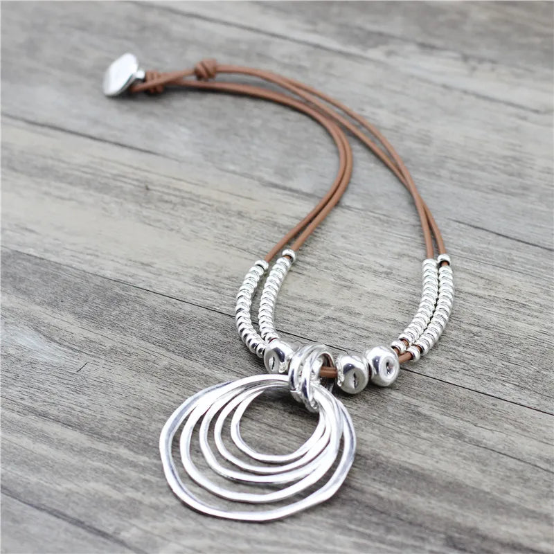 Anslow Round Pendant Necklace Vintage Boho Leather Gift