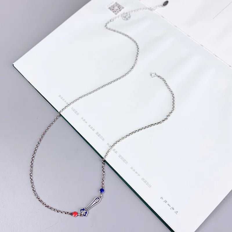 Vintage 925 Silver Ruyi Necklace Enamel Choker Chain XL059