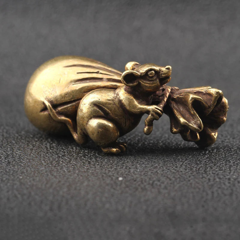 Antique Bronze Mouse Money Bag Figurine Feng Shui Home Decor
