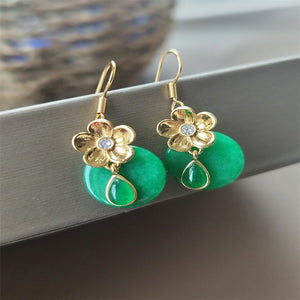 Antique Carved Jade Pendant Earrings Set 14K