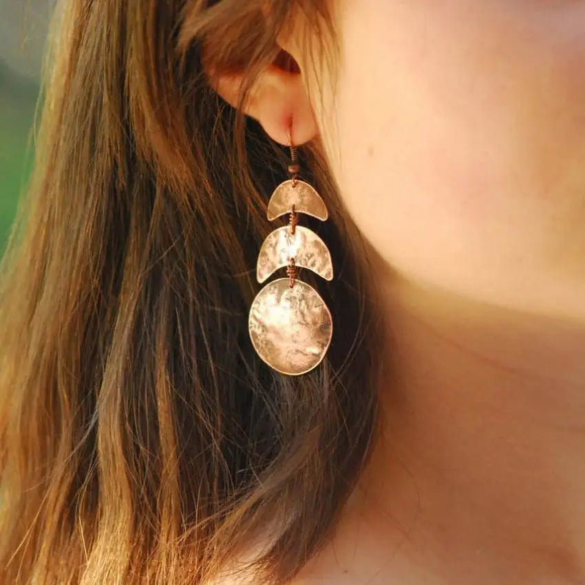 Antique Copper Moon Dangle Earrings Bohemian Vintage Jewelry