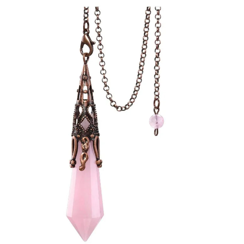 Antique Copper Hexagon Prism Rose Pink Quartz Pendant