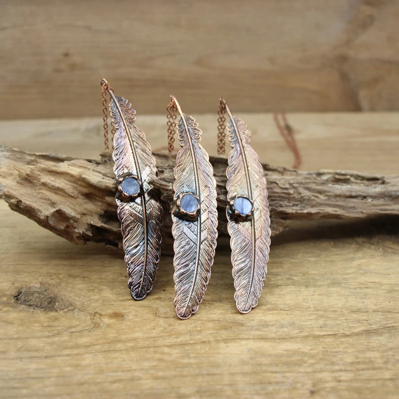Copper Feather Pendant with Kyanite Charm Necklace Boho Jewelry