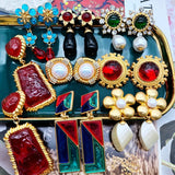 Vintage Resin Statement Earrings Flower Geometric Antique Accessory
