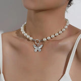Antique Pearl Chain Necklace With Butterfly Pendant Charms Silvery Neck Jewelry