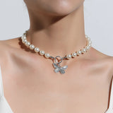 Antique Pearl Chain Necklace With Butterfly Pendant Charms Silvery Neck Jewelry