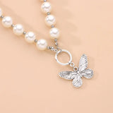 Antique Pearl Chain Necklace With Butterfly Pendant Charms Silvery Neck Jewelry