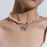Antique Pearl Chain Necklace With Butterfly Pendant Charms Silvery Neck Jewelry