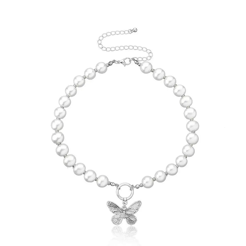 Antique Pearl Chain Necklace With Butterfly Pendant Charms Silvery Neck Jewelry