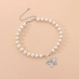 Antique Pearl Chain Necklace With Butterfly Pendant Charms Silvery Neck Jewelry