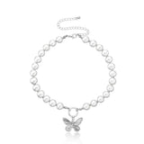 Antique Pearl Chain Necklace With Butterfly Pendant Charms Silvery Neck Jewelry