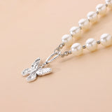 Antique Pearl Chain Necklace With Butterfly Pendant Charms Silvery Neck Jewelry