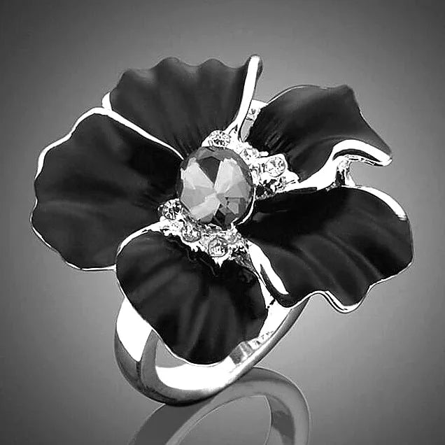 Vintage Silver Enamel Crystal Flower Ring for Women Romantic Jewelry