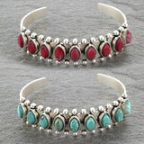 Antique Silver Metal Bracelet with Red Stone, Adjustable Cuff