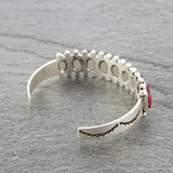 Antique Silver Metal Bracelet with Red Stone, Adjustable Cuff