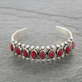 Antique Silver Metal Bracelet with Red Stone, Adjustable Cuff